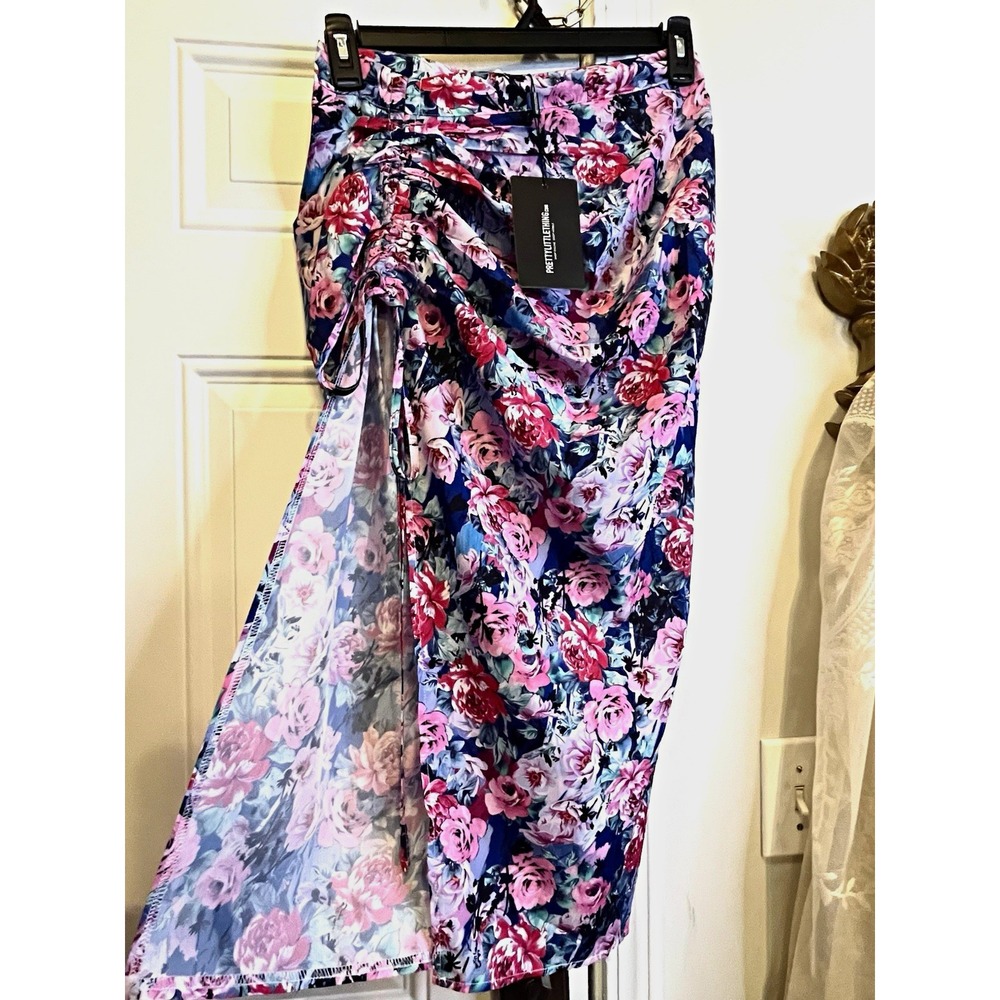 NWT Whimsigoth PrettyLittleThing Floral Ruched High Slit Midi Skirt Size US 6